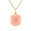 Pink opal circle pendant set in 18k gold with center diamond stone