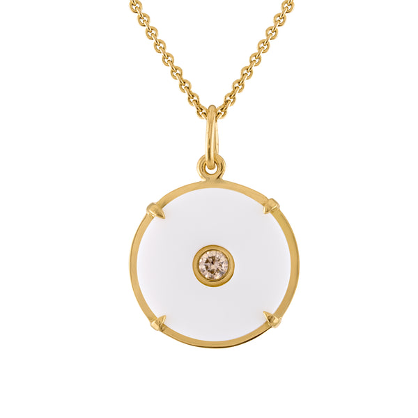 White agate circle pendant set in 18k gold with center champagne diamond
