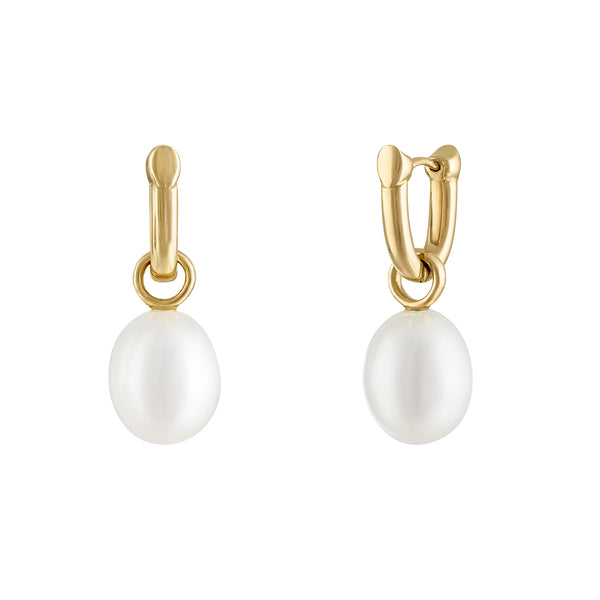 White fresh water pearl drop earrings with gold accent attached to half link hoop earrings
