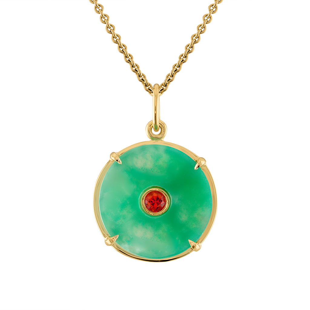 Green chrysoprase circle pendant set in 18k gold with orange sapphire center stone