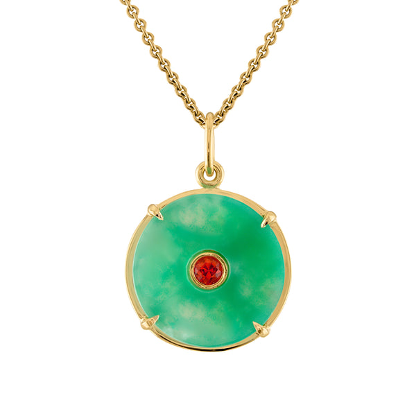 Green chrysoprase circle pendant set in 18k gold with orange sapphire center stone