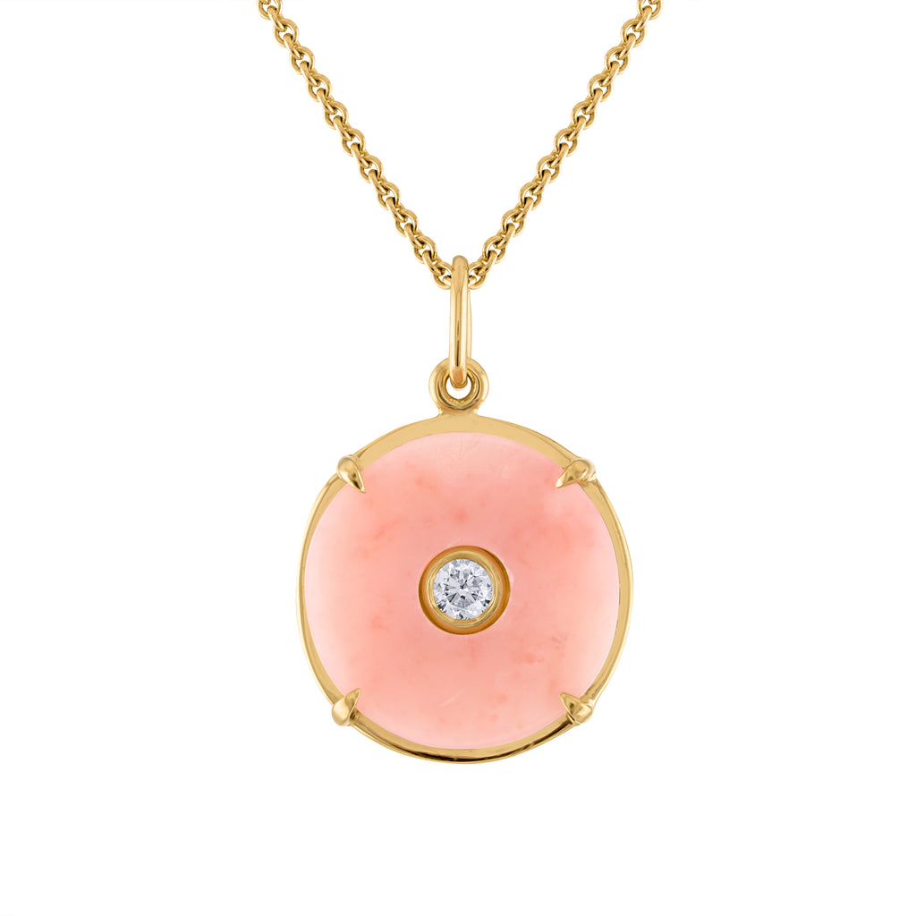Pink opal circle pendant set in 18k gold with center diamond stone